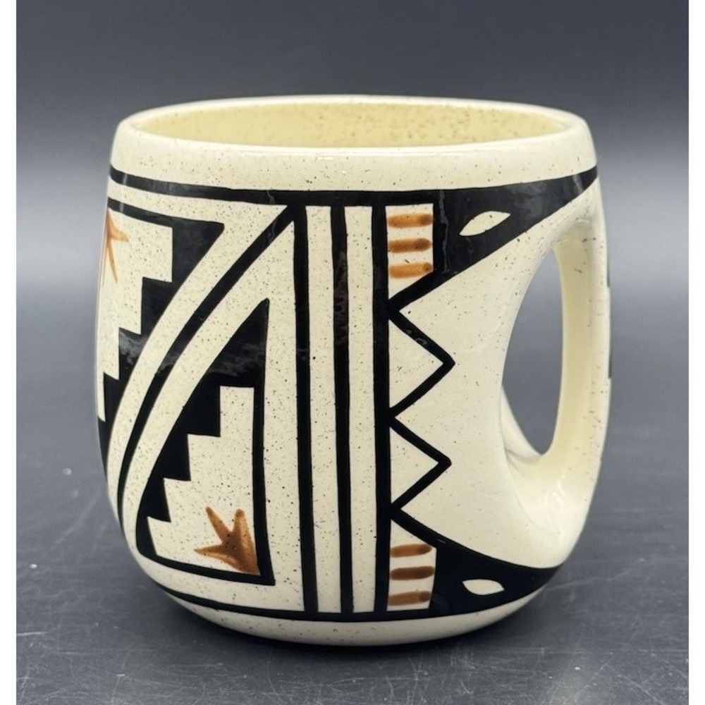Southwest Studio Pottery Barrel Mug ZH 95 Hand Painted Geometric 4" Signed